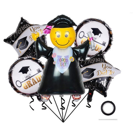 Baloane cu tematica Absolvire, Vivimall, set din 5 baloane, 1 Figurina Absolventa, 2 stele, 2 rotunde, din folie de aluminiu, 70 x 40 cm, Aer si Heliu, Alb Negru - vivimall.ro