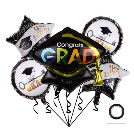 Baloane cu tematica Absolvire, Vivimall, set din 5 baloane, 1 Figurina Toca, 2 stele, 2 rotunde, din folie de aluminiu, 70 x 40 cm, Aer si Heliu, Alb Negru - vivimall.ro