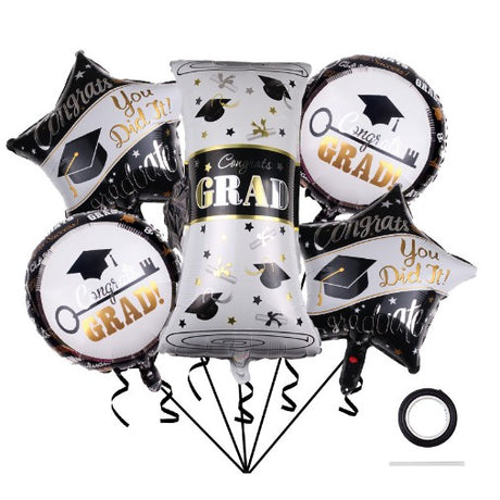 Baloane cu tematica Absolvire, Vivimall, set din 5 baloane, 1 Figurina Diploma, 2 stele, 2 rotunde, din folie de aluminiu, 70 x 40 cm, Aer si Heliu, Alb Negru - vivimall.ro