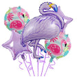 Baloane aniversare Flamingo Party, Vivimall, din Folie de aluminiu si Latex, set din 5 baloane, 1 Flamingo, 2 Stele, 2 rotunde, 60 x 90 cm, Adeziv si pai inclus  Mov - vivimall.ro