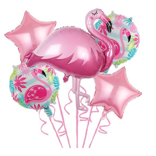 Baloane aniversare Flamingo Party, Vivimall, din Folie de aluminiu si Latex, set din 5 baloane, 1 Flamingo, 2 Stele, 2 rotunde, 60 x 90 cm, Adeziv si pai inclus Rose - vivimall.ro