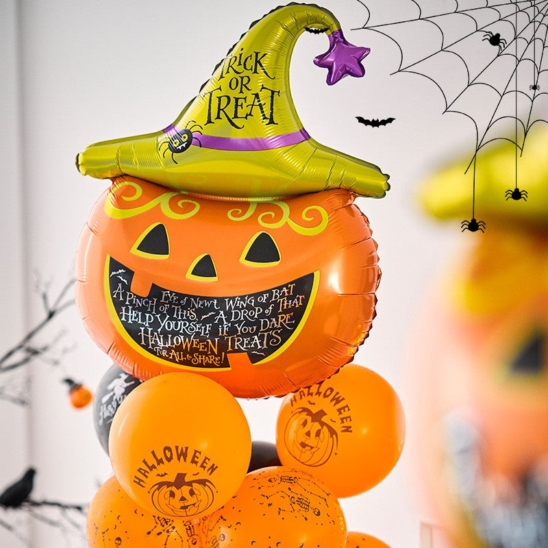 Set 5 Baloane din Folie Metalizata, Vivimall, Figurine, Tema Halloween, Pai Inclus, Ambalaj Individual, Umflare cu Aer sau Heliu, Figurina Dovleac 54x87 cm, Stelute si Cerculete 45 cm, Multicolor - vivimall.ro