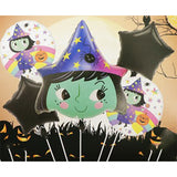 Baloane Halloween, Vivimall, set din 5 Baloane, 1 Little Witch Halloween, 2 stele negre, 2 baloane rotunde multicolore, din folie de aluminiu, 30- 40 cm, pai de carton inclus, Multicolor - vivimall.ro