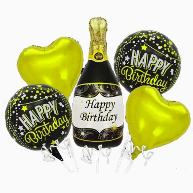 Baloane pentru aniversare, Vivimall, tematica Happy Birthday, set 5 baloane, 1 Sticla Sampanie 103 x 94 cm, 2 inimi, 2 rotunde, din folie de aluminiu, pai de carton inclus, Negru Auriu - vivimall.ro