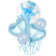 Set 5 baloane Baby Boy albastru: urs folie, 2 inimi folie și 2 baloane latex de 60 cm, vedere frontală completă