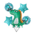 Set 5 Baloane folie de aluminiu, Vivimall, Figurina Dinozaur, pentru aniversare HAPYY BIRTHDAY, Stelute Albastre si Baloane Albastre, 50 - 70 cm - vivimall.ro