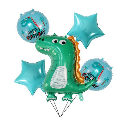 Set 5 Baloane folie de aluminiu, Vivimall, Figurina Dinozaur, pentru aniversare HAPYY BIRTHDAY, Stelute Albastre si Baloane Albastre, 50 - 70 cm - vivimall.ro