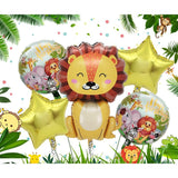 Set 5 Baloane din Folie Metalizata, Vivimall, Figurine, Tema Aniversare Jungla, Pai Inclus, Ambalaj Individual, Umflare cu Aer sau Heliu, Figurina Leu 69.5x101 cm, Stelute si Cerculete 45 cm, Multicolor - vivimall.ro