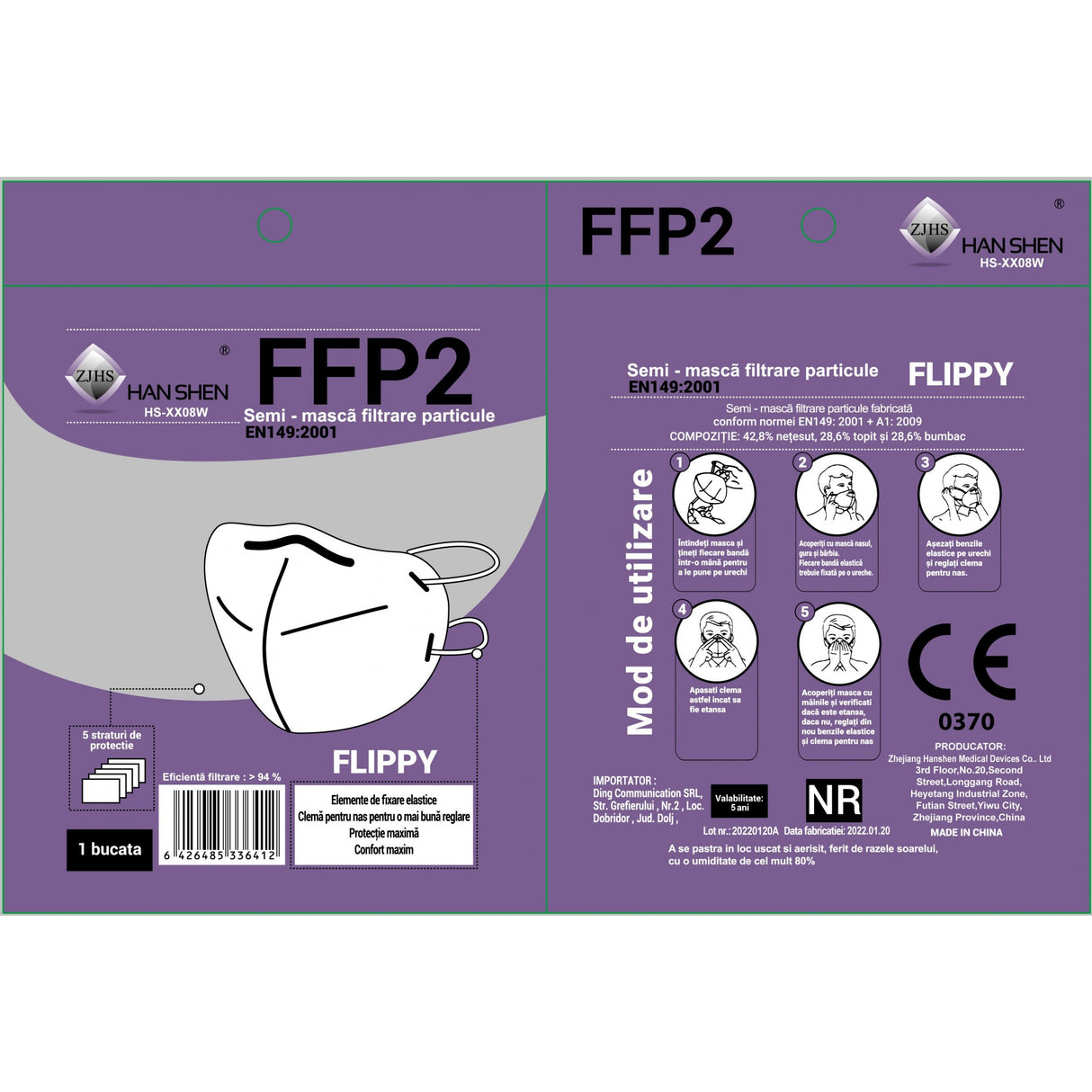 Mască FFP2 Flippy KN95 de unică folosință, vedere spate cu sistem elastic prindere