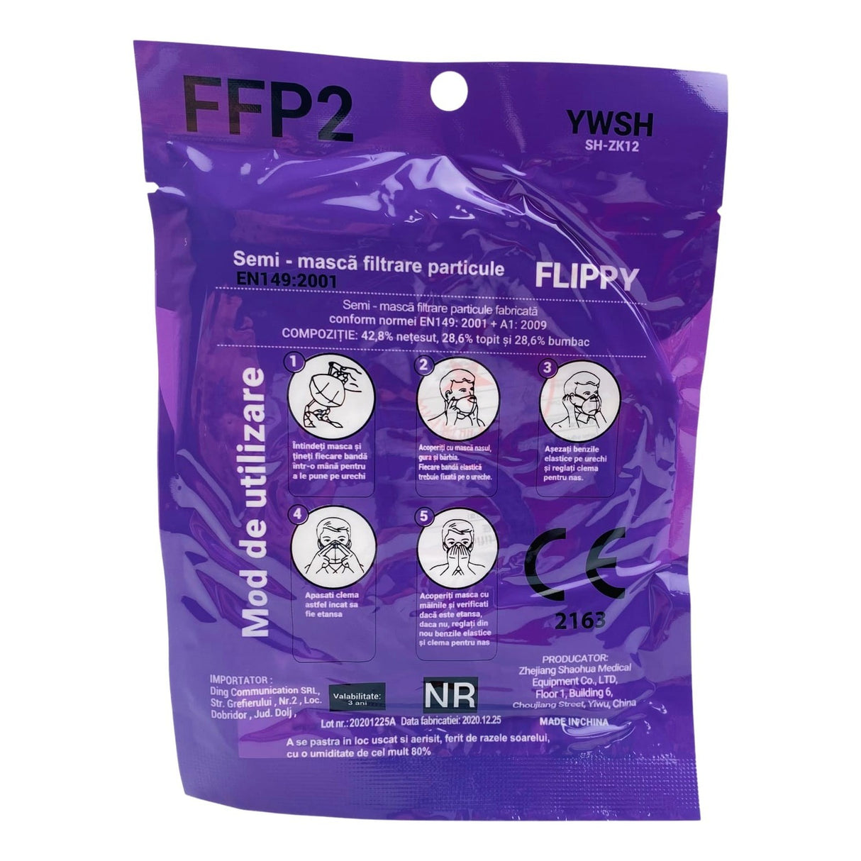 Mască FFP2 Flippy purtată pe față, acoperire completă nas, gură și bărbie