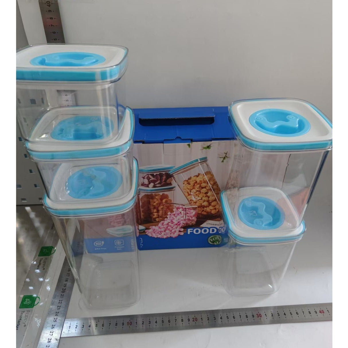 Set 5 Cutii de Depozitare pentru Bucatarie, Vivimall, 2 x 600ml, 2 x 1.3L, 1 x 2L, din ABS+PET+Silicon, Capac Alb/Albastru, 23 x 10 x 10 cm, Transparent - vivimall.ro