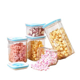 Set 5 Cutii de Depozitare pentru Bucatarie, Vivimall, 2 x 600ml, 2 x 1.3L, 1 x 2L, din ABS+PET+Silicon, Capac Alb/Albastru, 23 x 10 x 10 cm, Transparent - vivimall.ro