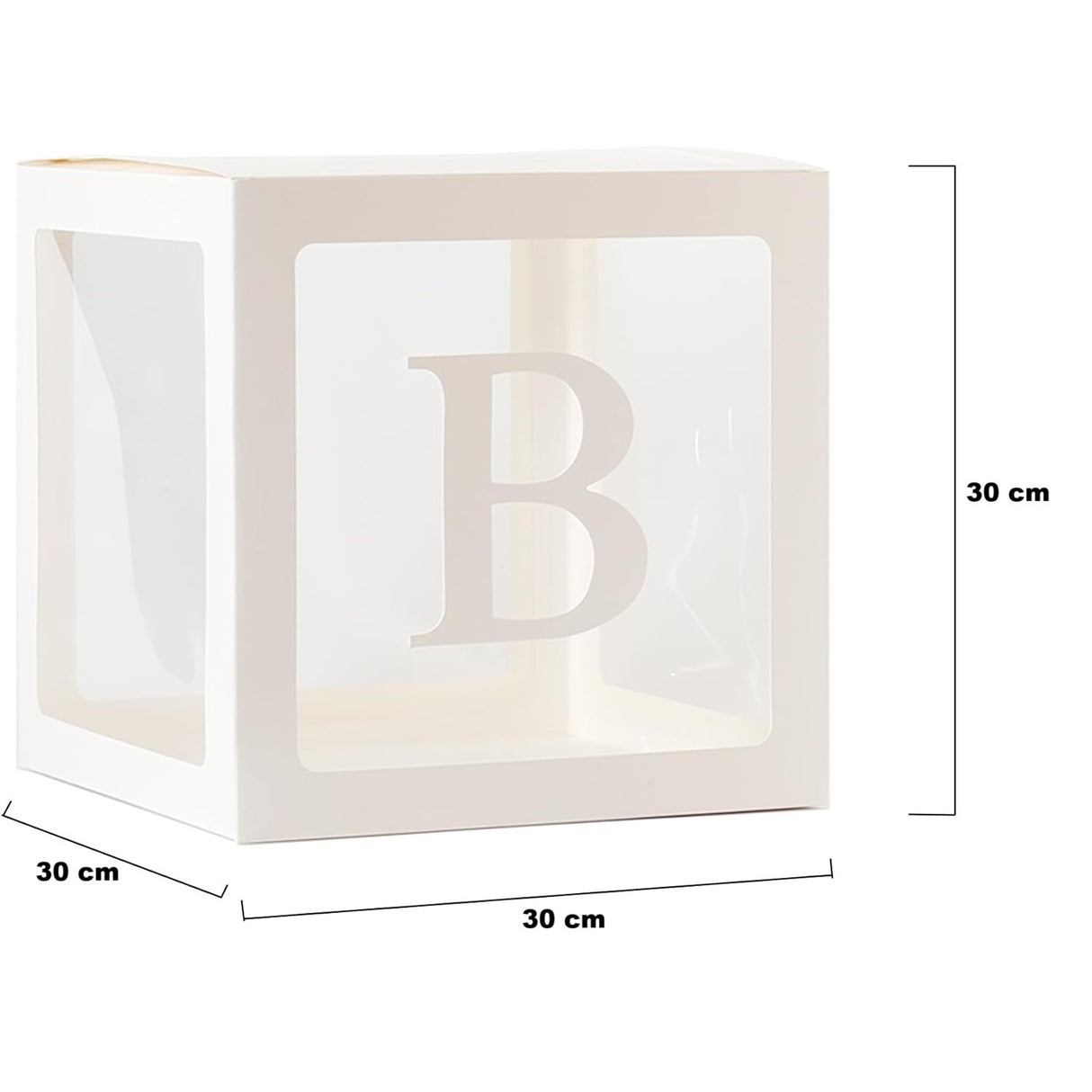 Set 5 Cutii pentru Baloane, Vivimall, Model Scris Bride, Tematica Nunta, Cuburi Decorative din Plastic, Accesorii pentru Petrecere, 30 x30 cm, Transparente Contur Alb - vivimall.ro