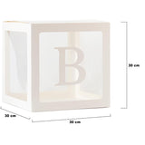 Set 5 Cutii pentru Baloane, Vivimall, Model Scris Bride, Tematica Nunta, Cuburi Decorative din Plastic, Accesorii pentru Petrecere, 30 x30 cm, Transparente Contur Alb - vivimall.ro