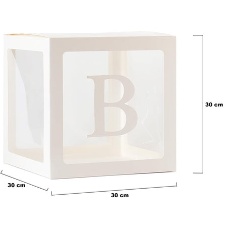 Set 5 Cutii pentru Baloane, Vivimall, Model Scris Bride, Tematica Nunta, Cuburi Decorative din Plastic, Accesorii pentru Petrecere, 30 x30 cm, Transparente Contur Alb - vivimall.ro