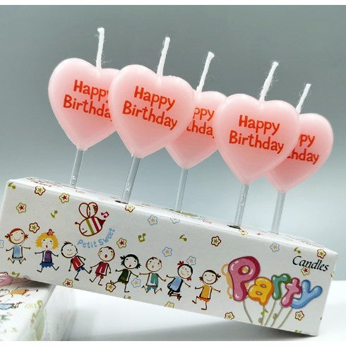 Set 5 Lumanari de Tort, Vivimall, Model Inima, Text Happy Birthday, 2.5 x 2.5 cm, din Ceara, Multicolor - vivimall.ro