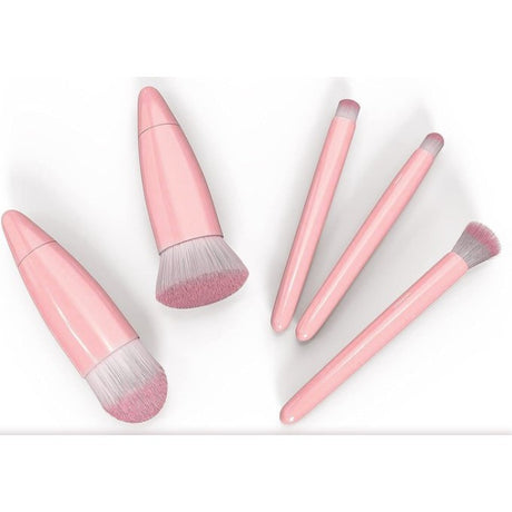 Set 5 Mini Pensule de Machiaj, Vivimall, Portabile, in Carcasa cu Oglinda, din Par Sintetic Moale, Roz, 12x7x2.5 cm - vivimall.ro