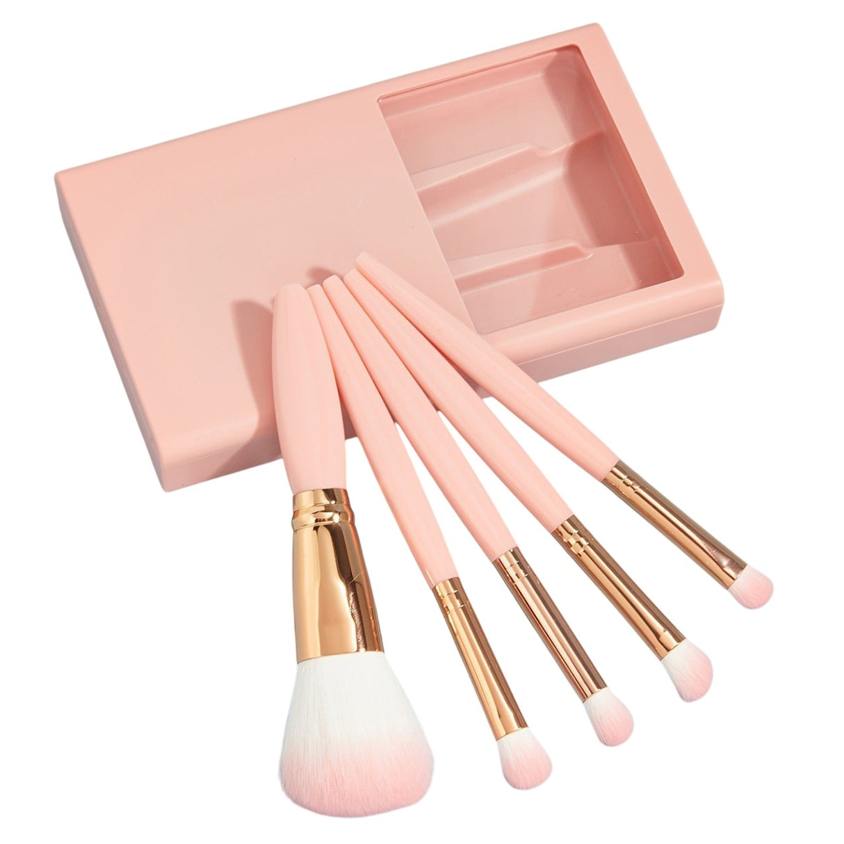 Set 5 Pensule de Machiaj cu Peri Moi, Vivimall, cu Suport pentru Depozitare si Oglinda, Roz - vivimall.ro