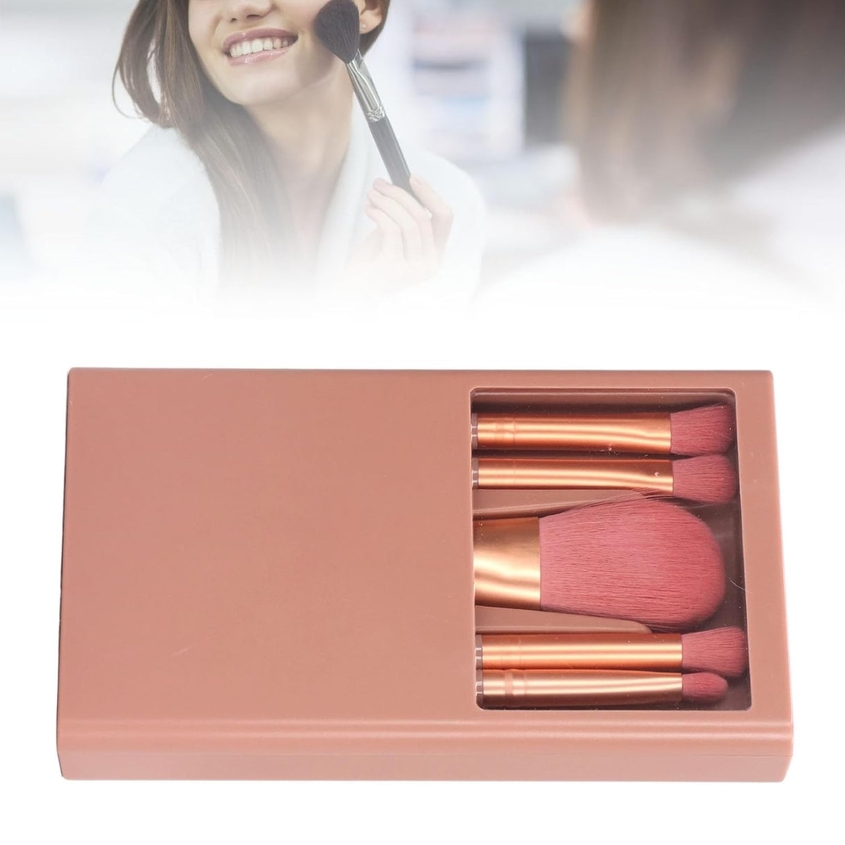 Set 5 Pensule de Machiaj cu Peri Moi, Vivimall, cu Suport pentru Depozitare si Oglinda, Roz Inchis - vivimall.ro