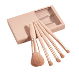 Set 5 Pensule de Machiaj cu Peri Moi, Vivimall, cu Suport pentru Depozitare si Oglinda, Roz Pal - vivimall.ro