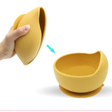 Set 5 piese diversificare bebelusi si copii din silicon Vivimall, baveta, farfurie compartimentata cu ventuza, bol cu ventuza, tacamuri, fara alergeni, galben - vivimall.ro