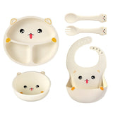 Set 5 Piese Hranire Bebelusi si Copii, Vivimall, din Silicon, fara BPA, de la 12 Luni, Model Pisicuta, 28 x 26 x 2 cm, Bej - vivimall.ro