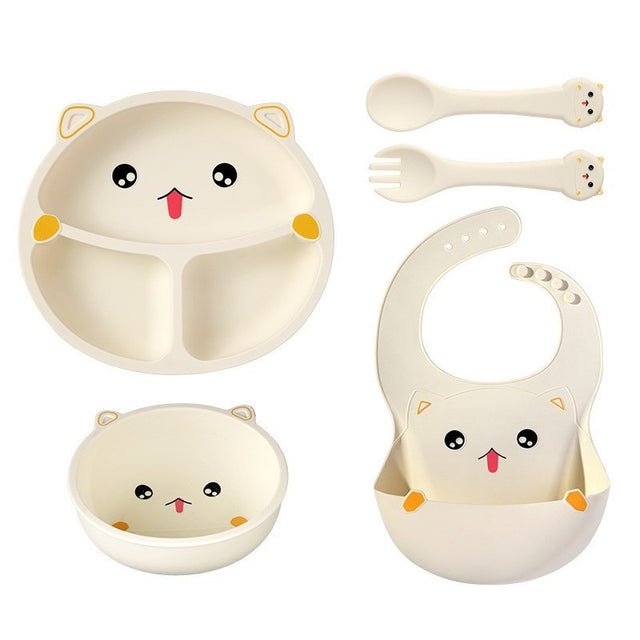Set 5 Piese Hranire Bebelusi si Copii, Vivimall, din Silicon, fara BPA, de la 12 Luni, Model Pisicuta, 28 x 26 x 2 cm, Bej - vivimall.ro
