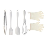 Set 5 Ustensile de Bucatarie, Vivimall, din Silicon+Inox, Termorezistente, Antiaderente, 28 x 26 x 2 cm, Alb Ivory - vivimall.ro