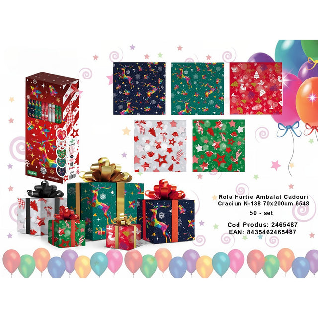 Set 50 role hartie ambalat cadouri Craciun, 70x200 cm, 5 modele - vivimall.ro