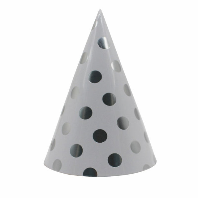 Set 6 Coifuri Metalizate, Vivimall, pentru Petrecere, Tematica Aniversare, Model Buline, 20 cm, Argintiu - vivimall.ro