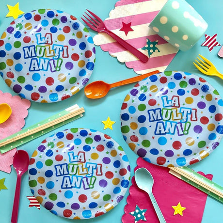 Set 6 Farfurii de Unica Folosinta, Vivimall, Colectia, LA MULTI ANI, 23 cm, din Carton Laminat, Multicolor - vivimall.ro