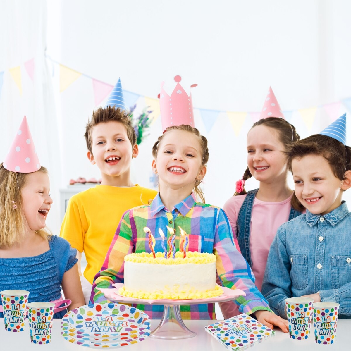 Set 6 Farfurii de Unica Folosinta, Vivimall, Colectia LA MULTI ANI , 30 cm, din Carton Laminat, Multicolor - vivimall.ro