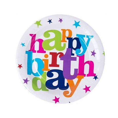 Set 6 Farfurii Unica Folosinta, Vivimall, Imprimeu Happy Birthday, din Carton, Diametru 23 cm, Multicolor - vivimall.ro