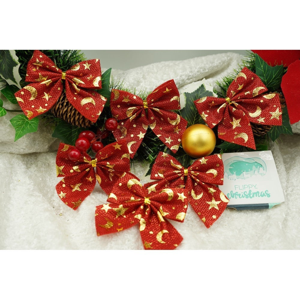 Set 6 fundite pentru brad, Rosii, cu stelute , 8 x 8 cm, din poliester, Vivimall - vivimall.ro