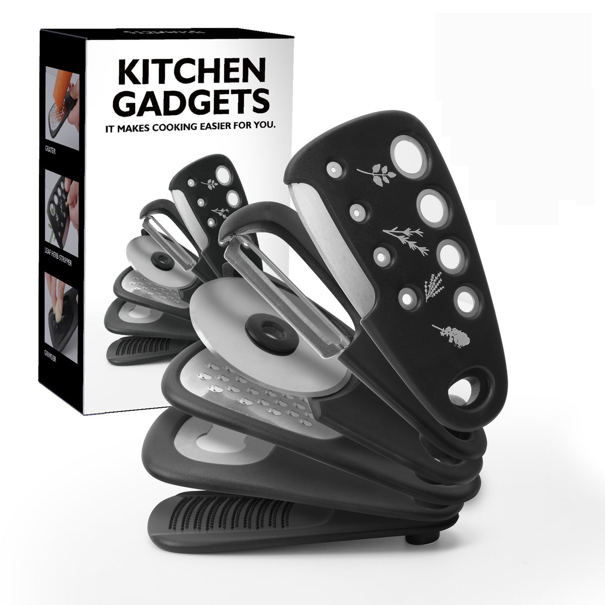 Set 6 In 1 Mini Ustensile Bucatarie Taietor Pizza, Cutit, Curatator, Razatoare, Desfacator, Presa Usturoi, Manere Din Abs, Lame Ascutite Din Otel Inoxidabil, 7.1 X 12.9 X 4.8 Cm, Negru - vivimall.ro