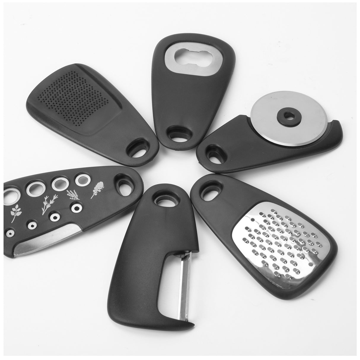 Set 6 In 1 Mini Ustensile Bucatarie Taietor Pizza, Cutit, Curatator, Razatoare, Desfacator, Presa Usturoi, Manere Din Abs, Lame Ascutite Din Otel Inoxidabil, 7.1 X 12.9 X 4.8 Cm, Negru - vivimall.ro