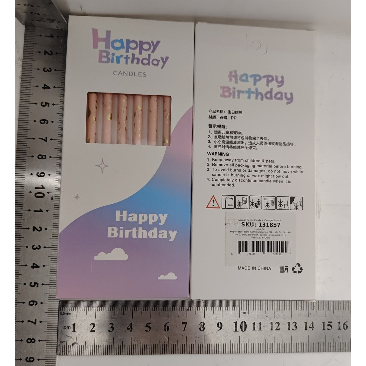 Set 6 Lumanari Lungi, Vivimall, din Parafina, 10 x 0.5 cm, Happy Birthday, Oranj Pal - vivimall.ro