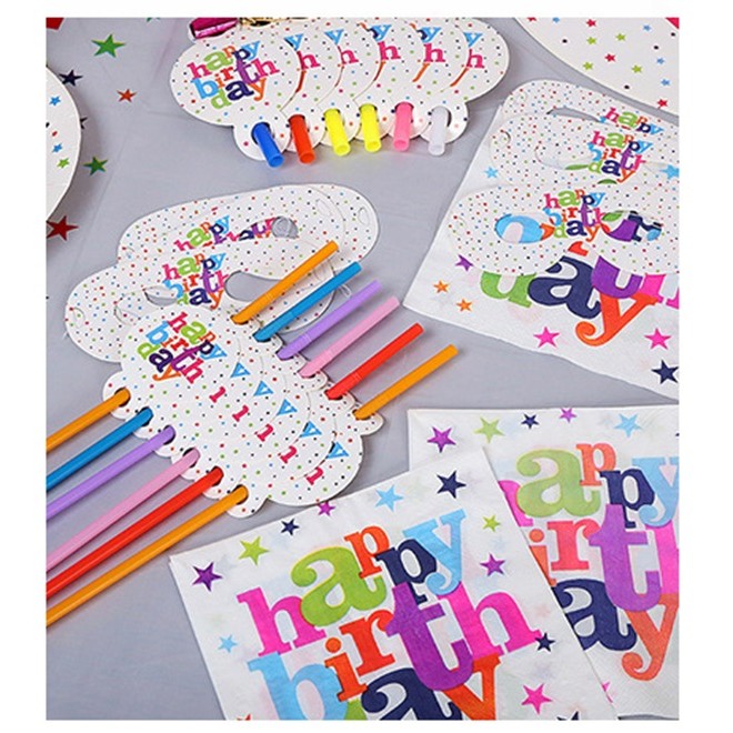 Set 6 Paie, Vivimall, Colectia Happy Birthday, 26 cm, din Carton/Plastic, Multicolor - vivimall.ro