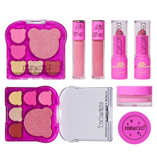 Set 6 Produse de Machiaj, KEVIN & COCO, Pink Bear, 16.2 x 16 x 2.5 cm - vivimall.ro