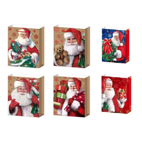 Set 6 Pungi Cadou, Vivimall, Imprimeu Tematica Mos Craciun, Model Random, din Hartie, Impachetare Usoara a Cadourilor, 18.5x22.5x8.5 cm, Multicolor - vivimall.ro