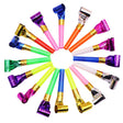 Set 6 suflători petrecere aniversare multicolore, 8 cm, vedere frontală ansamblu complet