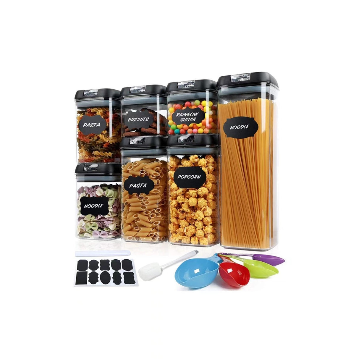 Set 7 Recipiente Organizare Alimente, Vivimall, Inchidere Etansa, Etichete Reutilizabile, Cupe Masurare, 4 Dimensiuni Diferite, din Plastic Dur, Transparent - vivimall.ro