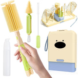 Set 7 Piese de Spalat/Uscat Biberoane, Vivimall, Portabil, Peri de Silicon, pentru Tetine, Suzete, Biberoane, Paie, Cutie Inclusa, 16.8 x 12 x 5 cm, Model Catel, Albastru - vivimall.ro