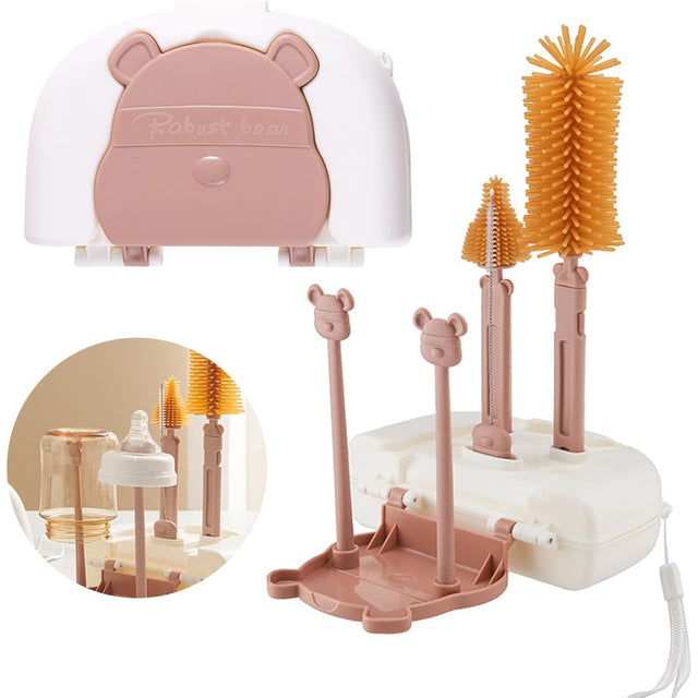 Set 7 Piese de Spalat/Uscat Biberoane, Vivimall, Portabil, Peri de Silicon, pentru Tetine, Suzete, Biberoane, Paie, Cutie Inclusa, 16 x 11 x 5 cm, Model Ursulet, Maro - vivimall.ro