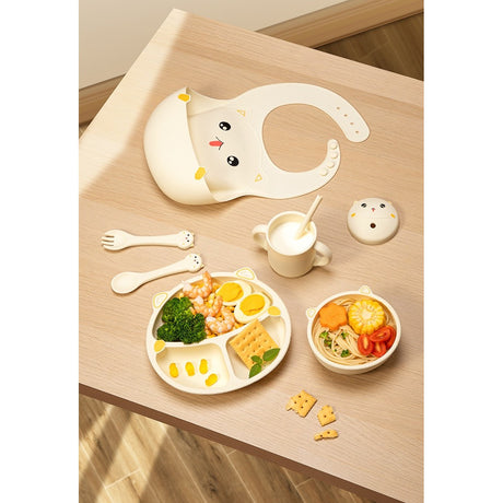 Set 7 Piese Hranire Bebelusi si Copii, Vivimall, din Silicon, fara BPA, de la 12 Luni, Model Pisicuta, 30 x 25 x 6 cm, Bej - vivimall.ro