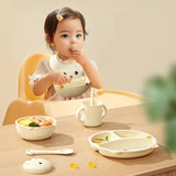 Set 7 Piese Hranire Bebelusi si Copii, Vivimall, din Silicon, fara BPA, de la 12 Luni, Model Pisicuta, 30 x 25 x 6 cm, Bej - vivimall.ro