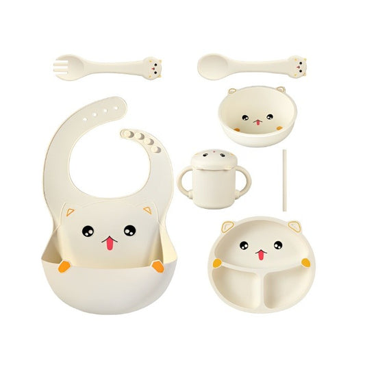 Set 7 Piese Hranire Bebelusi si Copii, Vivimall, din Silicon, fara BPA, de la 12 Luni, Model Pisicuta, 30 x 25 x 6 cm, Bej - vivimall.ro
