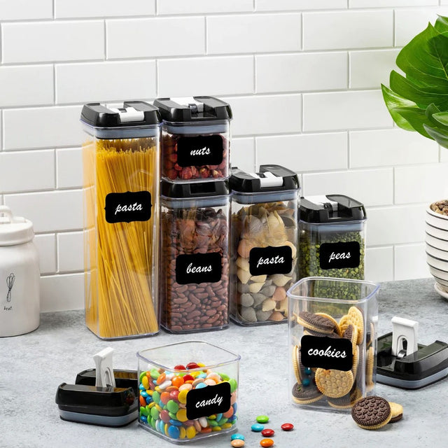 Set 7 Recipiente Organizare Alimente, Inchidere Etansa, Etichete Reutilizabile, Cupe Masurare, 4 Dimensiuni Diferite, Din Plastic Dur, Transparent - vivimall.ro
