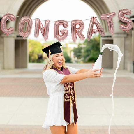 Set 8 Baloane din Folie Metalizata, Vivimall, Model Scris Congrats, Litere de 40 cm, Tema Absolvire, Baloane Party, Ambalaj Individual, Pai Inclus, Umflare cu Aer sau Heliu, Roz - vivimall.ro