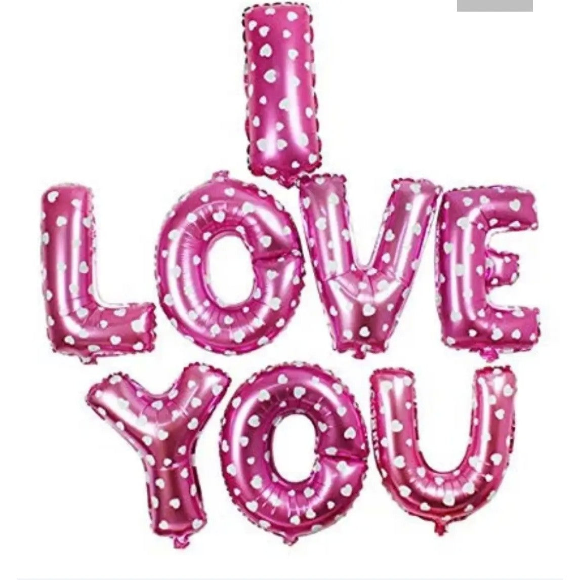 Set 8 Baloane din Folie Metalizata, Figurine Litere, Model I Love You, Tema Ziua Indragostitilor, 40 cm, Ambalaj Individual, Pai Inclus, Umflare cu Aer sau Heliu, Roz cu Inimioare Albe - vivimall.ro